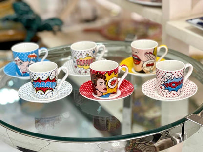 1x Set de 6 tasses à café + assiettes Pop Art